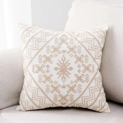 Cream-colored aztec embroidery canvas cushion cover with intricate beige geometric patterns for living room throw pillow