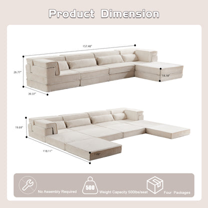 Kompressions-Mahjong-Sofa, umklappbares Boden-Sofabett, DIY knochenloses modulares Sektionssofa, keine Montage erforderlich, Kreisförmiger Fleece-Stoff, Überdimensioniertes 4-Sitzer-Sofa mit 1 Hocker, Weiß