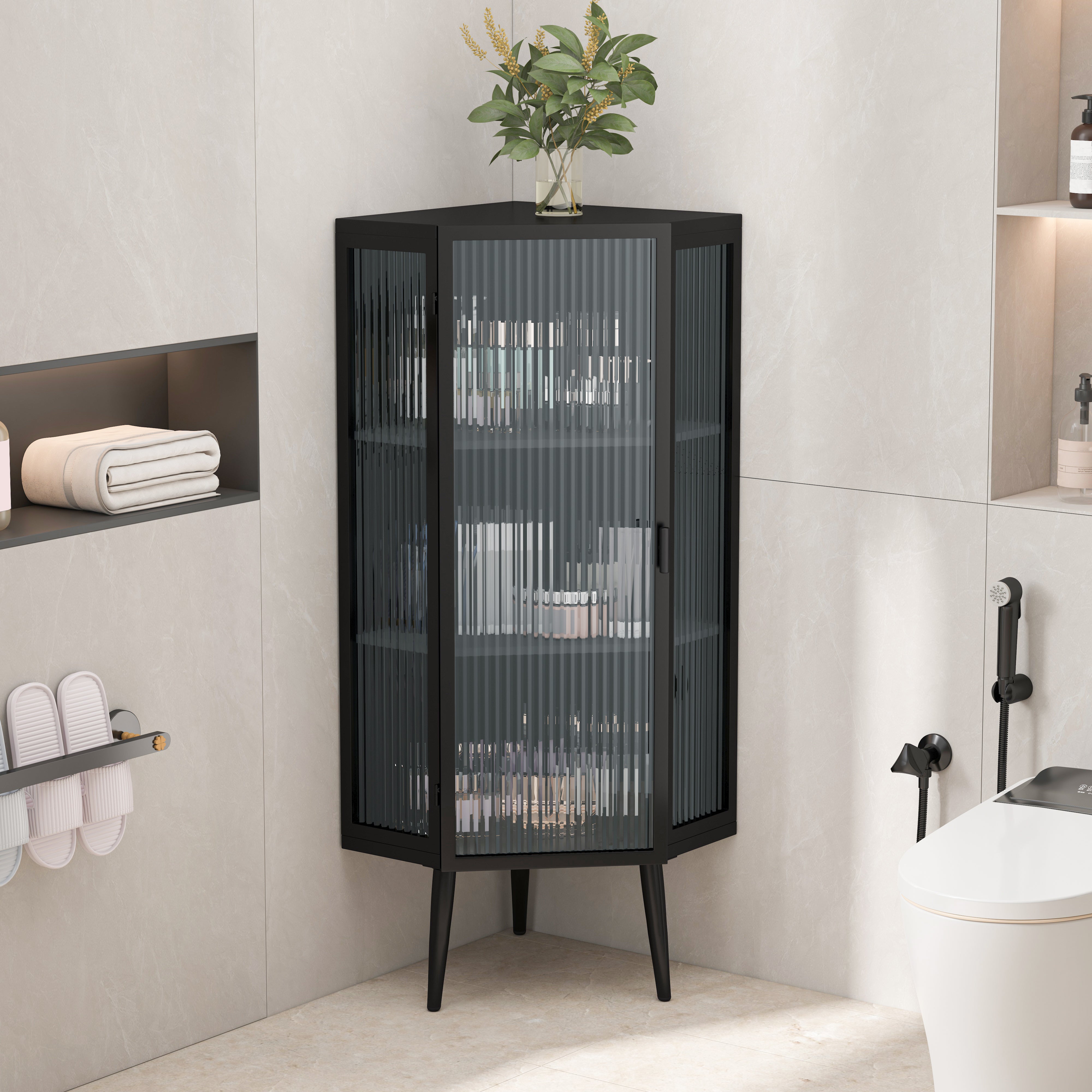 22,25'' Eckschrank für den Boden, Drei Etagen mit gehärteten Glastüren und Stauraumregalen für Badezimmer, Wohnzimmer und Schlafzimmer, schwarz