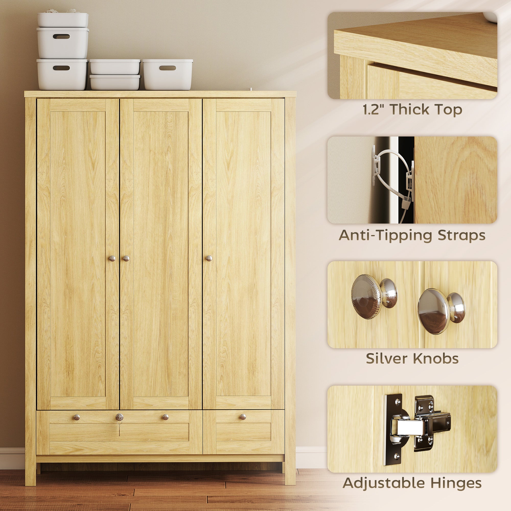 Wardrobe Closet 3 Doors 2 Drawers Modern Bedroom