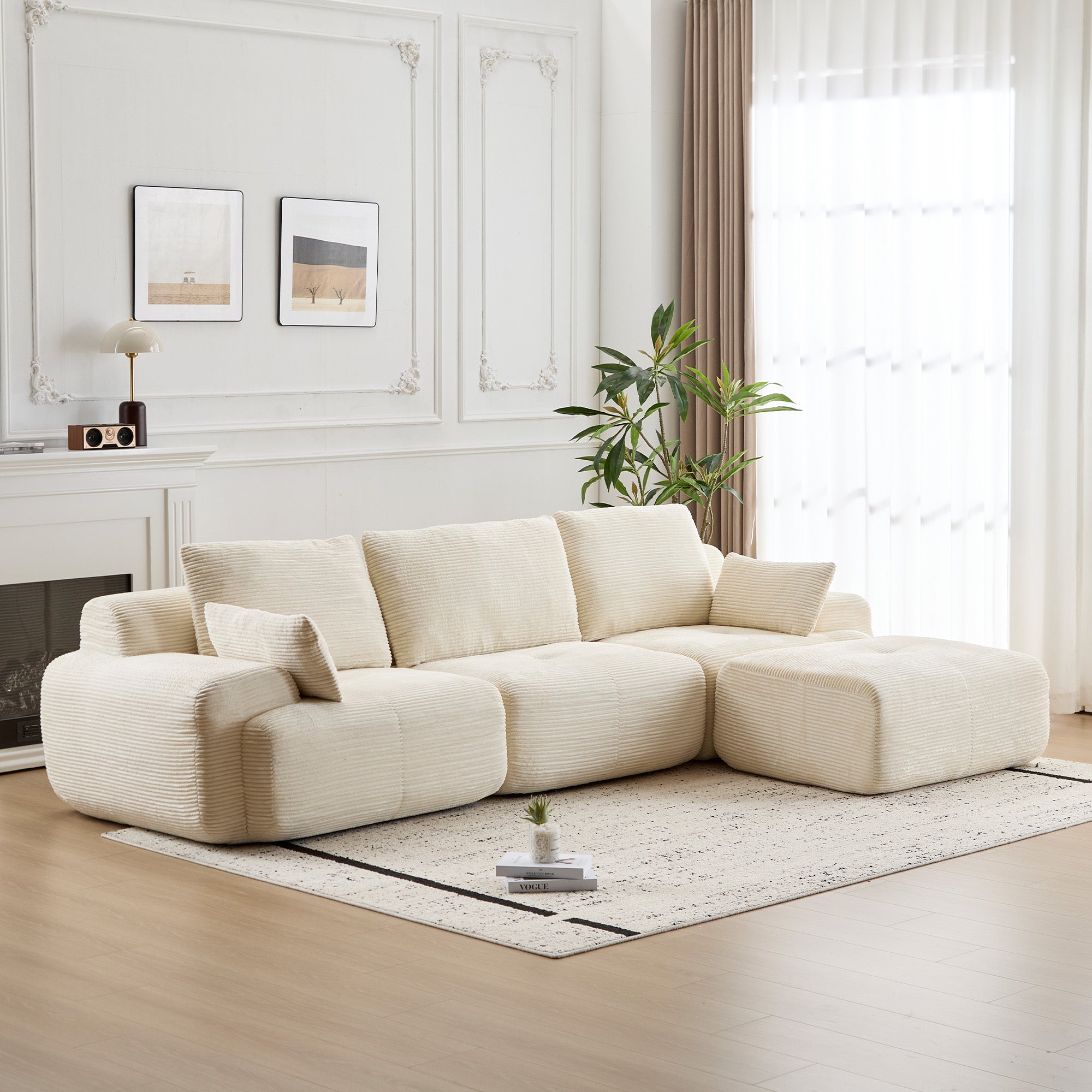 Beige Corduroy Sectional Sofa Memory Foam