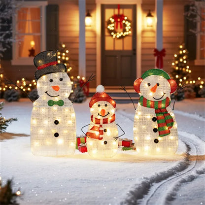 3-teiliges beleuchtetes Schneemann-Familien-Dekor - 95 warme weiße LEDs, Metall+Gefäß, 30,5"/25,5"/20,5" Größen (Mehrfarbig)