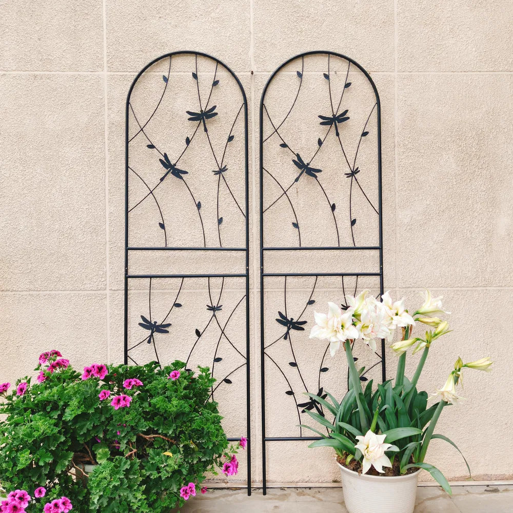 2er-Set Metall-Gartenspaliere 71" x 19,7" Rostfreies Spalier für Kletterpflanzen Außenblumenstütze Libellen-Dekor Schwarz
