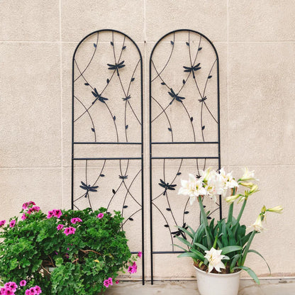 2er-Set Metall-Gartenspaliere 71" x 19,7" Rostfreies Spalier für Kletterpflanzen Außenblumenstütze Libellen-Dekor Schwarz