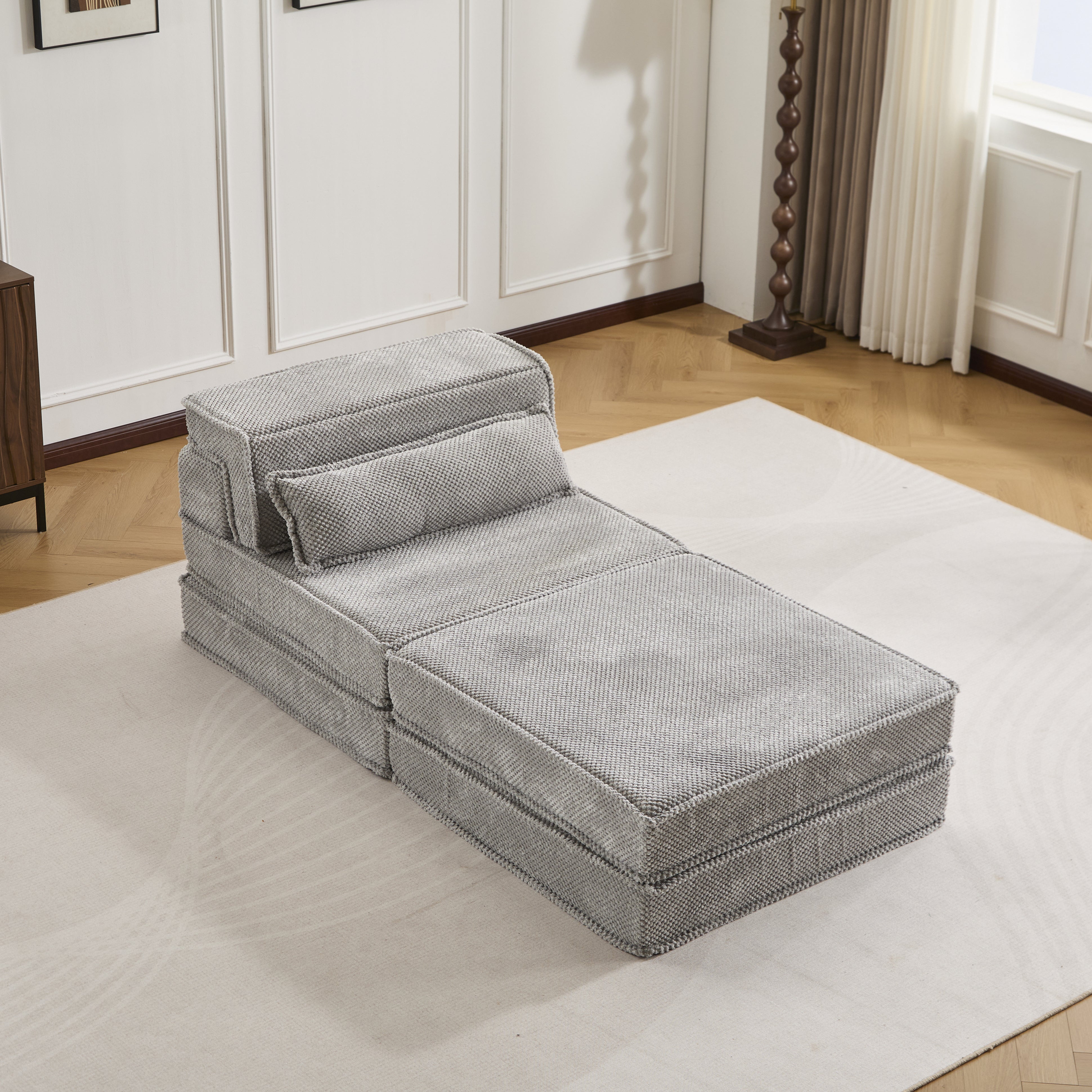 Kompressions-Mahjong-Sofa, Umwandelbares Boden-Sofabett, DIY Knochenloses Modulares Sektionssofa, Keine Montage erforderlich, Kreisförmiger Fleece-Stoff, Überdimensionierter Einzelplatz mit 1 Kissen und 1 Hocker, Hellgrau