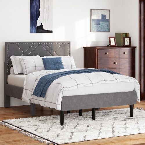 Bettgestell für Doppelbett, Leinen-Speicher-Kopfteil, stark und stabil, geräuschlos, Stauraum unter dem Bett, kein Federgitter erforderlich, Gewicht 396,8 lbs