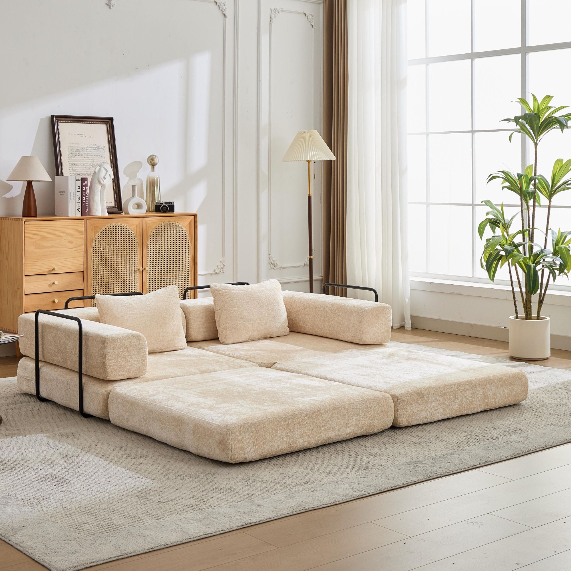 Kompressions-Sofa, Umklappbares Boden-Sofa-Bett mit festem Rahmen, Sessel knochenloses modulares Sektionssofa, keine Montage erforderlich, Chenille-Stoff, für Wohnzimmer und Schlafzimmer, Beige