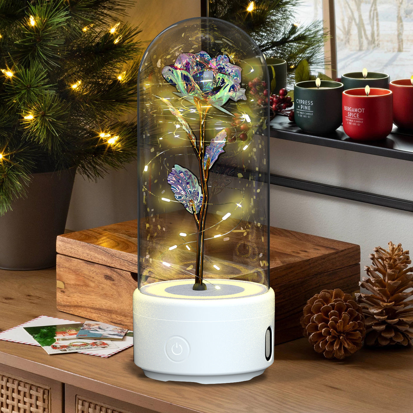 Kreatives 2-in-1 Rosenblumen-LED-Licht und Bluetooth-kompatibler Lautsprecher Valentinstag-Geschenk Rosenleuchtendes Nachtlicht-Ornament mit Glasabdeckung