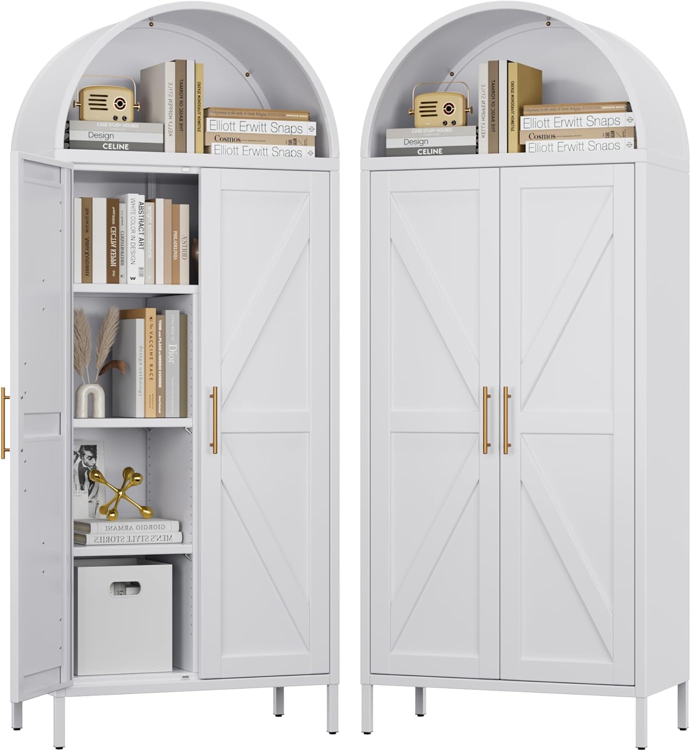 Weißer Küchen-Vorratsschrank, Gebogener Stauraumschrank mit Türen und einstellbaren Regalen, Hoher freistehender Schrank für Wäscheraum, Esszimmer, Wohnzimmer, Badezimmer