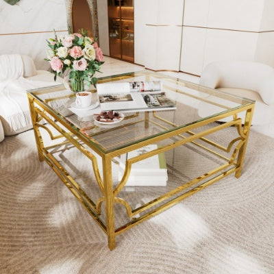 Quadratischer Glas-Couchtisch in 33,5 ,Luxuriöser Geometrischer Metallrahmen, Goldfinish Unteres Regal