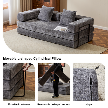 Boden-Couch, Kompressions-Sofa, Umwandelbares Boden-Sofa-Bett – mit Kissen-Rückenstütze und Armlehne, Bequeme Futon-Couch-Liege-Schlafsofa, Chenille-Stoff, für Wohnzimmer und Schlafzimmer DUNKELGRAU