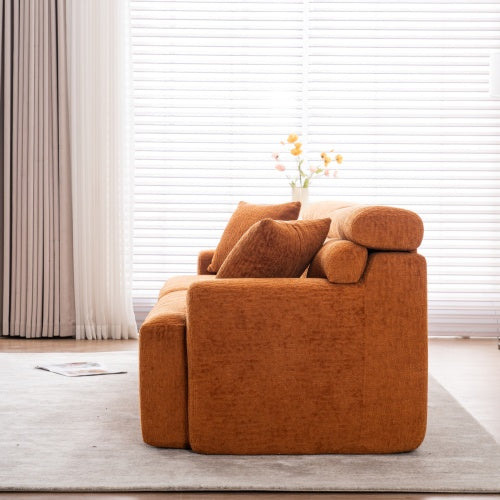 LY-029 ORANGE KOMPRESSIONS-SOFA 4-Sitzer Kombiniertes Sofa, Holzmaserung-Chenille-Stoff, Voll-Schwamm-Kompressionssofa, kombiniertes Sofa mit 2 Kissen für Wohnzimmer Möbel Wohnung