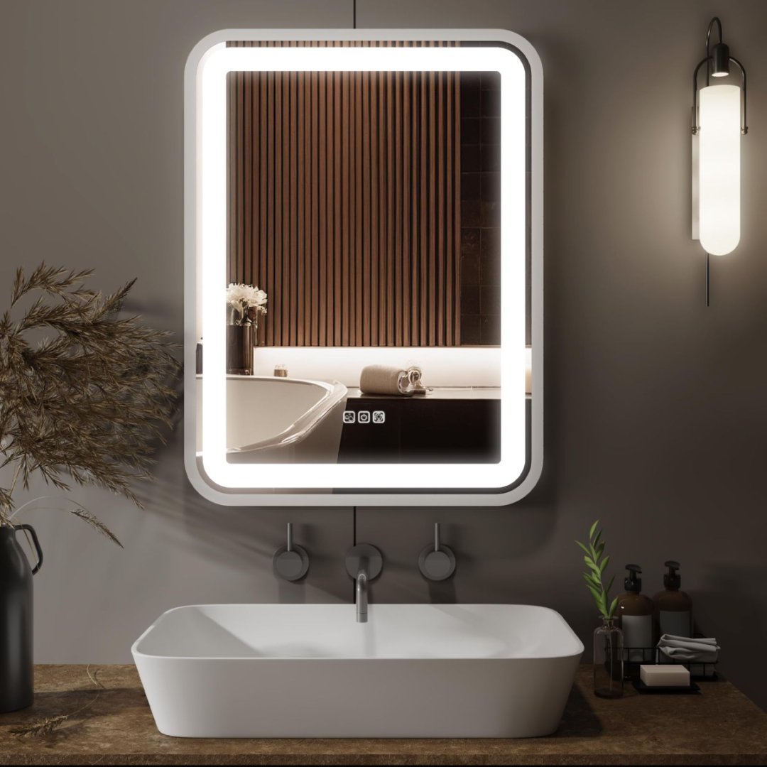 Badezimmerspiegel mit Beleuchtung für die Wand, intelligenter LED-Rahmen, Schminkspiegel über dem Waschbecken, dimmbar, 3 Farbtemperaturen, Anti-Nebel-Funktion, Speicherfunktion, vertikal & horizontal
