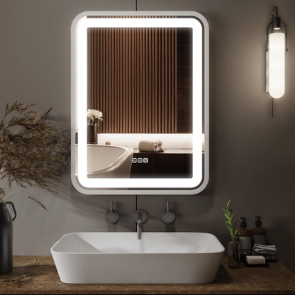 Badezimmerspiegel mit Beleuchtung für die Wand, intelligenter LED-Rahmen, Schminkspiegel über dem Waschbecken, dimmbar, 3 Farbtemperaturen, Anti-Nebel-Funktion, Speicherfunktion, vertikal & horizontal