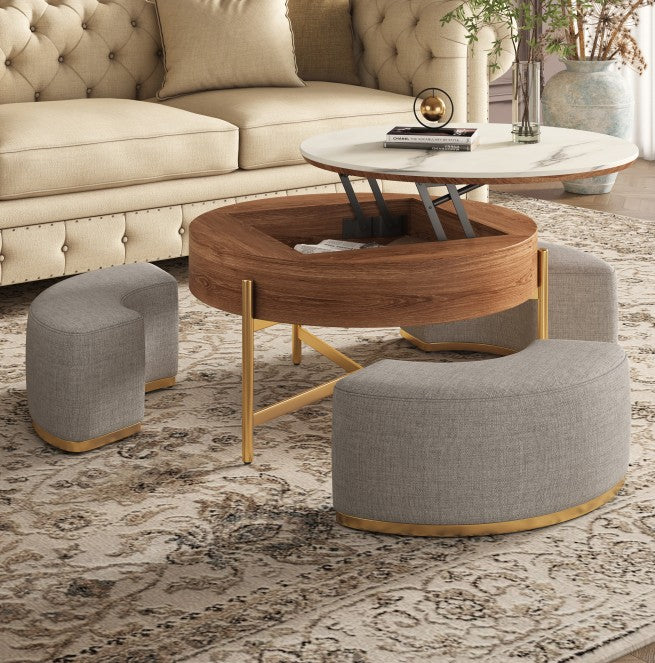 Lift Top Extendable 3 Legs Nesting Coffee Table With Storage 3 Stools Included
