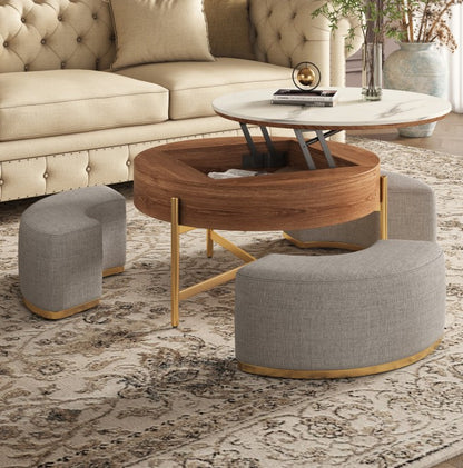 Lift Top Extendable 3 Legs Nesting Coffee Table With Storage 3 Stools Included