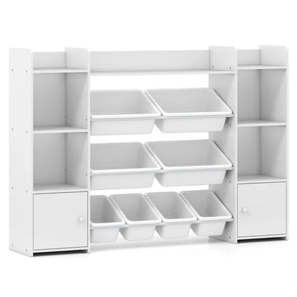 Weißes multifunktionales Kinderregal - Spielzeugorganizer + Bücherregal, 142 cm x 30 cm x 99 cm, Umkippsicherung, Tragfähigkeit 120 kg
