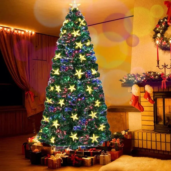 6FT Vorbeleuchteter Glasfaser-Weihnachtsbaum mit großen Sternen, künstlicher Weihnachtsbaum Fichte mit farbwechselnden Glasfaserlichtern, mit Metallständer, vollständiger Baum für die Feiertagsdekoration
