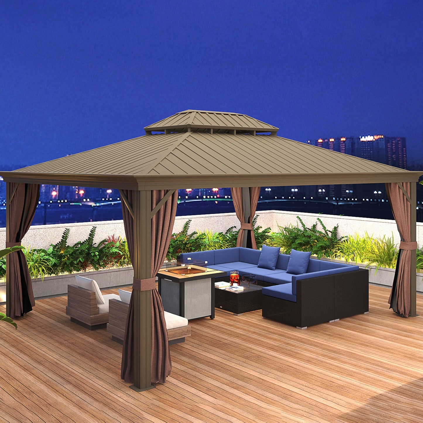 7-teiliges Rattan-Sofa, Outdoor-Patio-Möbelset mit abnehmbaren Kissen und Hocker, Glas-Couchtisch – Dunkelbraun Blau