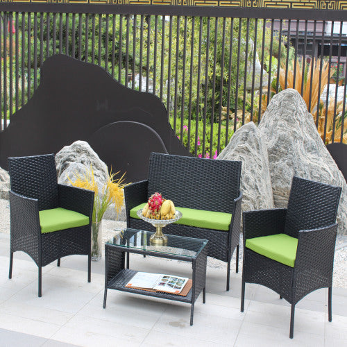 4er-PC-Rattan-Patio-Möbel-Set für den Außenbereich mit gepolsterten Sitzen Korbsofa mit grünem Polster