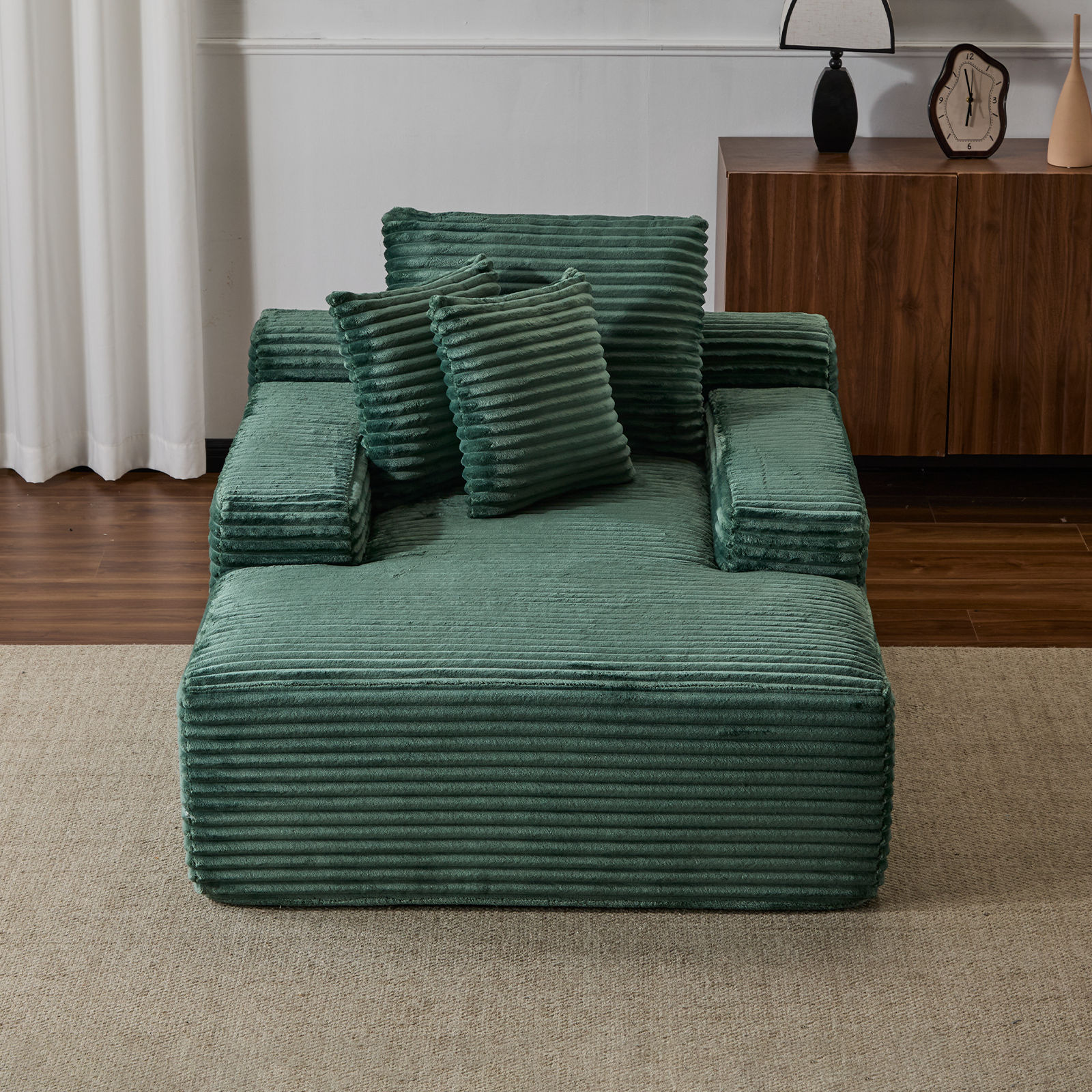 Überdimensionierter Chaiselongue-Sessel Gemütliche Wolken-Couch, Moderner Plüsch-Corduroy-Polsterter Schlafcouch-Tagbett mit 3 Dekokissen und breiter Armlehne für das Wohnzimmer, Keine Montage erforderlich, Grün