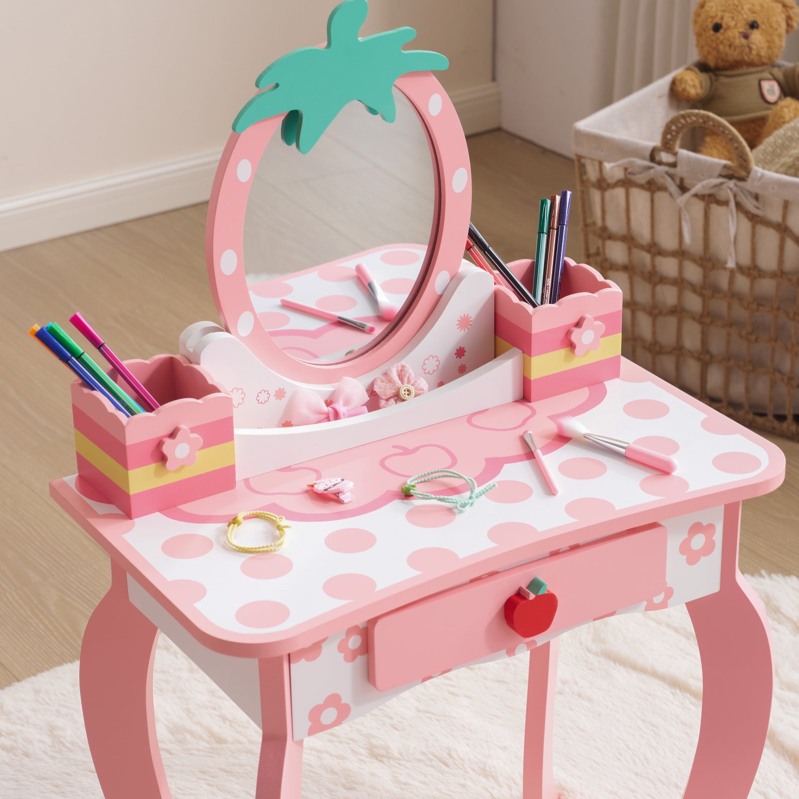 Weißes MDF, sprüh lackiertes 1-Schubladen-2-Arbeitsplatten-Speicherbox-Kinder-Ankleidetisch-Set mit Apfel-Druck
