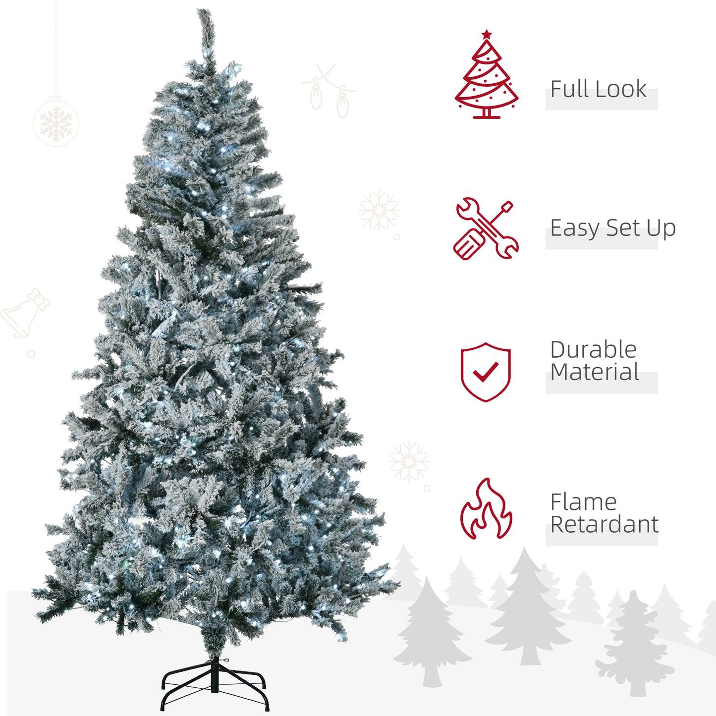 HOMCOM 2,3 m Künstlicher Weihnachtsbaum mit Flocke und kalten weißen LED-Lichtern