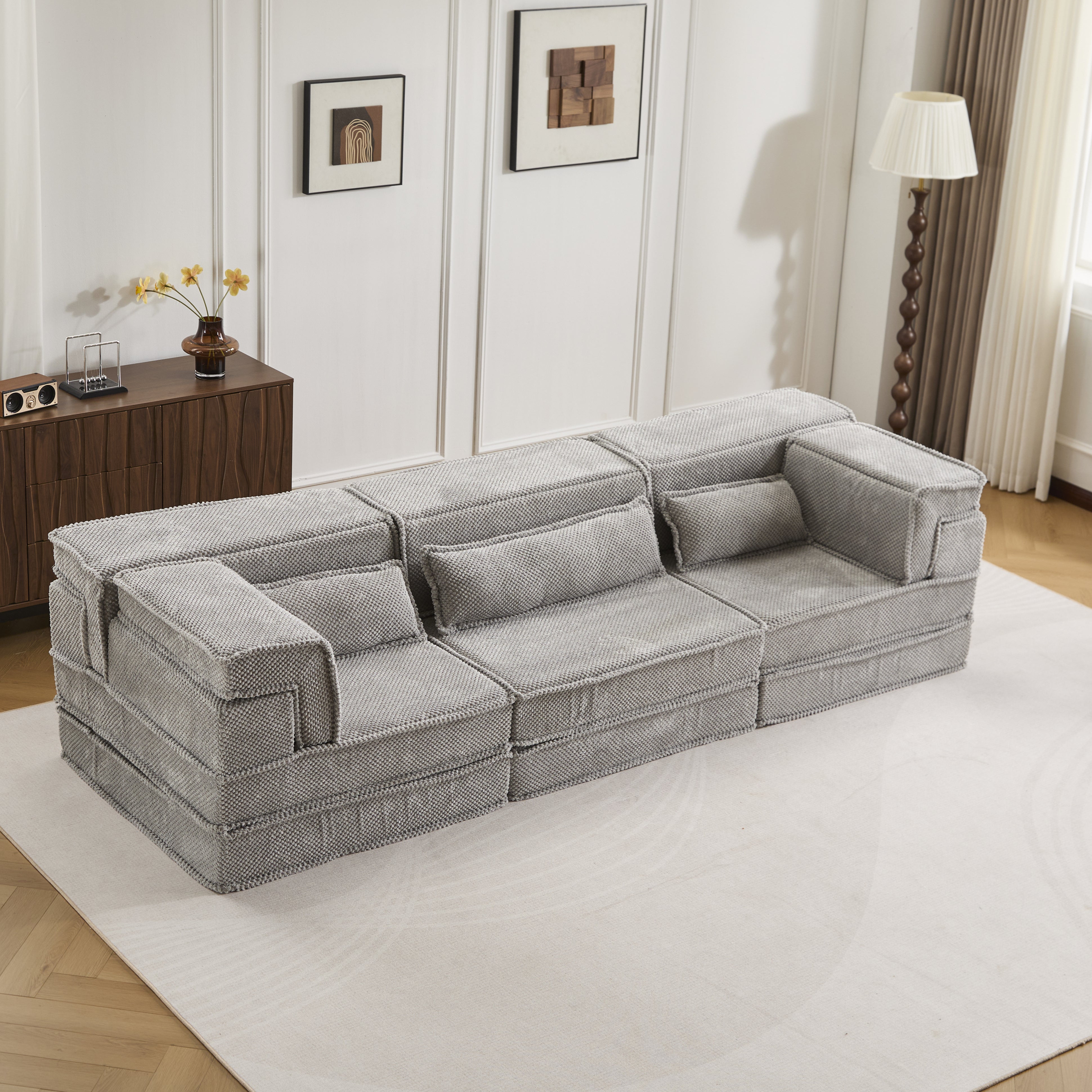 Kompressions-Mahjong-Sofa, umklappbares Boden-Sofabett, DIY knochenloses modulares Sektionssofa, keine Montage erforderlich, Kreis-Fleece-Stoff, überdimensioniertes 3-Sitzer-Sofa mit 3 Kissen, Hellgrau