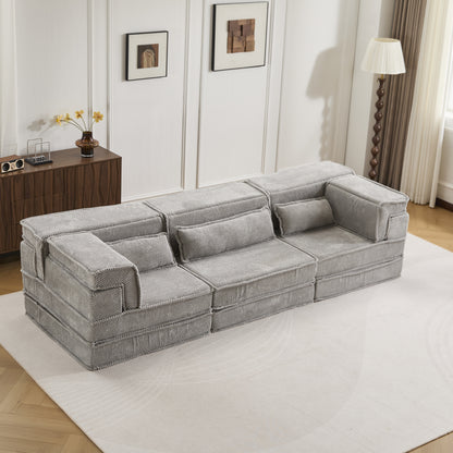 Kompressions-Mahjong-Sofa, umklappbares Boden-Sofabett, DIY knochenloses modulares Sektionssofa, keine Montage erforderlich, Kreis-Fleece-Stoff, überdimensioniertes 3-Sitzer-Sofa mit 3 Kissen, Hellgrau