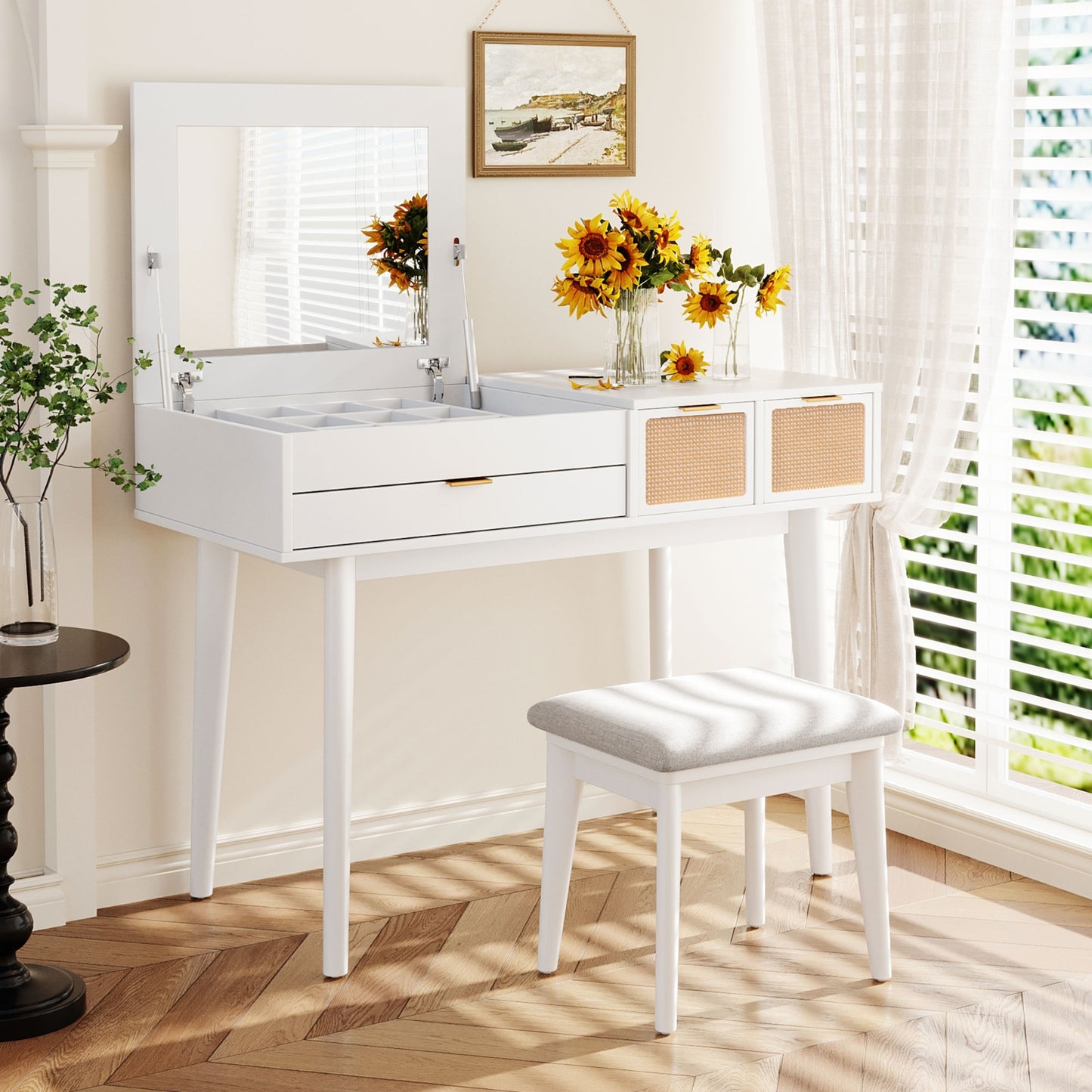 43.3 Wood Makeup Vanity Set With Flip-Top Mirror, Stool   3 Drawers