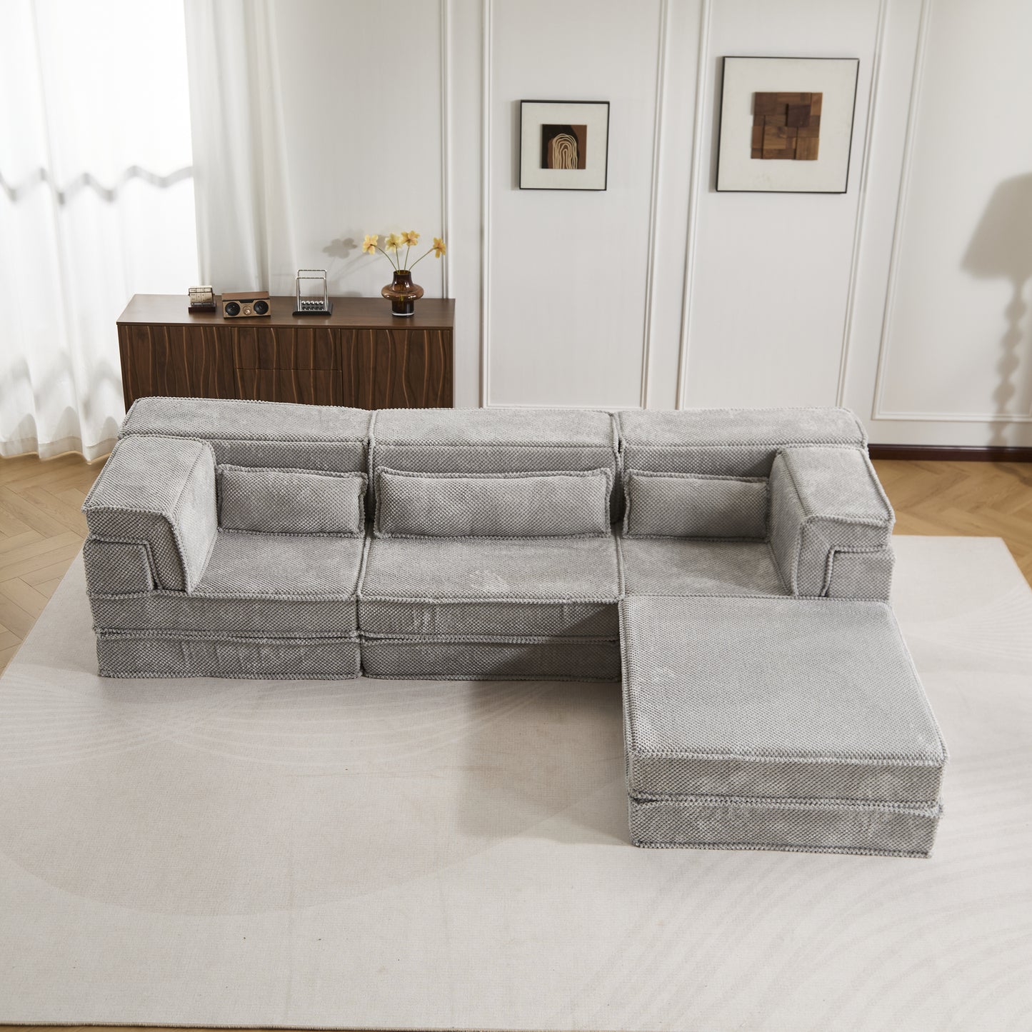 Kompressions-Mahjong-Sofa, umklappbares Boden-Sofabett, DIY knochenloses modulares Sektionssofa, keine Montage erforderlich, Kreis-Fleece-Stoff, überdimensioniertes 3-Sitzer-Sofa mit 1 Hocker, Hellgrau