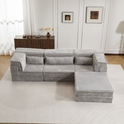 Kompressions-Mahjong-Sofa, umklappbares Boden-Sofabett, DIY knochenloses modulares Sektionssofa, keine Montage erforderlich, Kreis-Fleece-Stoff, überdimensioniertes 3-Sitzer-Sofa mit 1 Hocker, Hellgrau