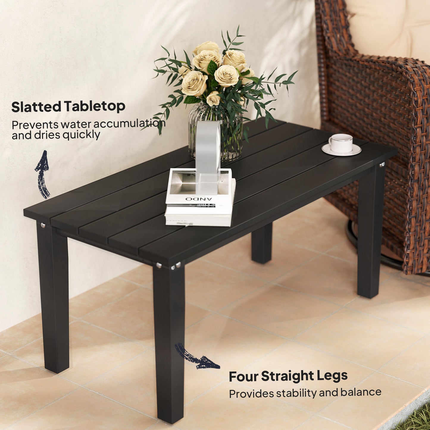 Rectangle Outdoor Coffee Table, HDPE All-Weather Outdoor Patio Table With Slatted Tabletop For Yard, Balcony, Black