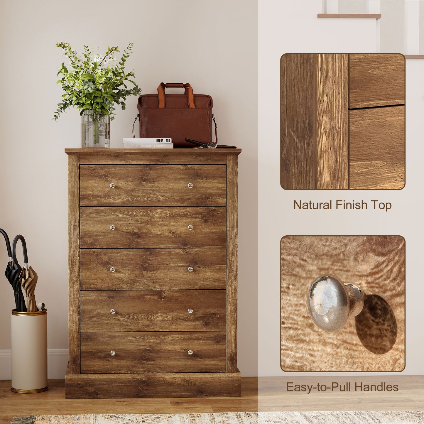 31 Breite Bauernhaus-Kommode mit 5 Schubladen, Schlafzimmerkommode mit Holztop für das Wohnzimmer, Braun