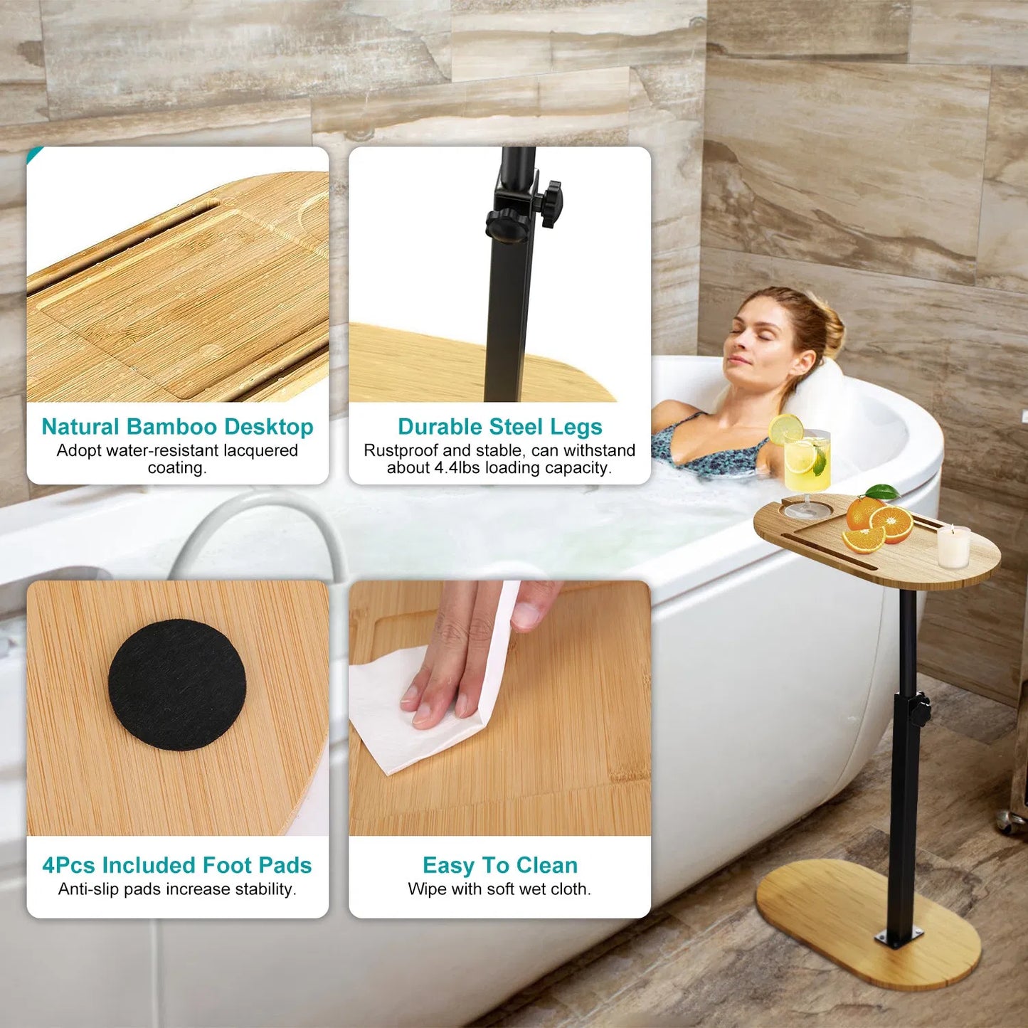 Badewannen-Tablett-Tisch, Anhebbarer freistehender Bambus-Badewannen-Tablett-Halter für Wanne an der Wand, Badetisch-Tablett Wannenregal Badezimmersortierungsregal für luxuriöses Spa, Bade-Home-Spa-Badewannen-Zubehör