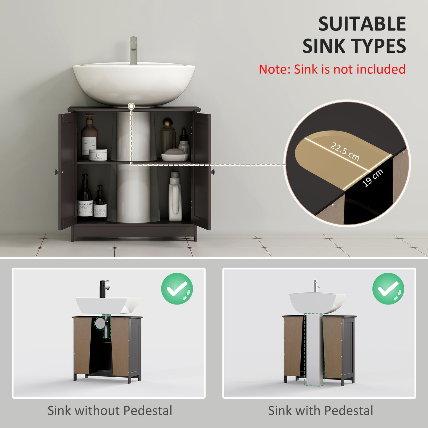 Badezimmer-Waschbeckenunterschrank, Unterschrank für das Badezimmer mit 2 Türen und einstellbarem Regal, Kaffee