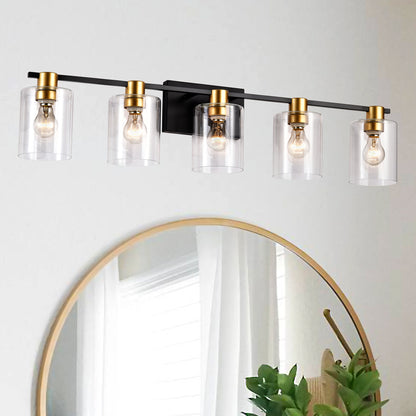 5-Lichtige Badezimmerleuchten in mattschwarzer und mattgoldener Farbe, moderne Waschtischleuchten mit Glasschirm, Vintage-Leuchten für Badezimmer über dem Spiegel, Wandlichter für Küche, Esszimmer, Schlafzimmer und Flur