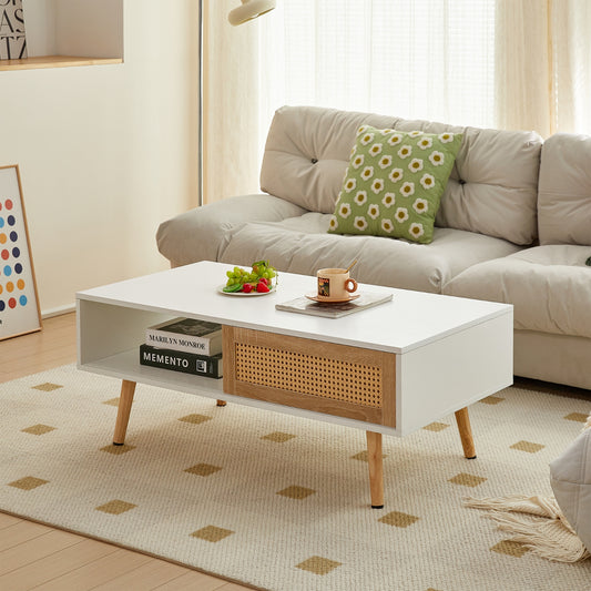 Rattan Couchtisch mit Schiebetür und massiven Holzbeinen - Modernes Wohnzimmer