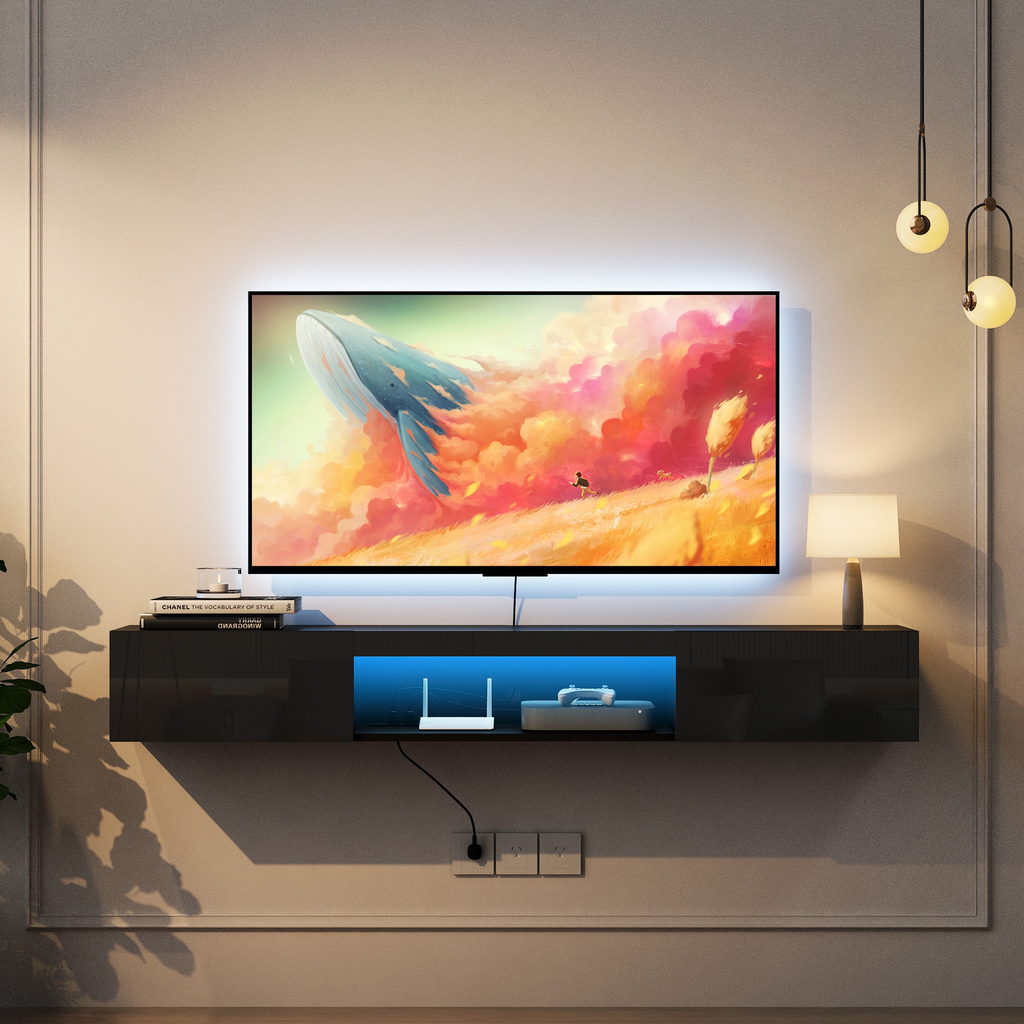 Schwebender TV-Ständer Wandmontiert mit 16-farbigen LEDs Moderner TV-Ständer, Schwebender TV-Schrank Entertainment-Center für 55 60 65 Zoll TV, Schwarz