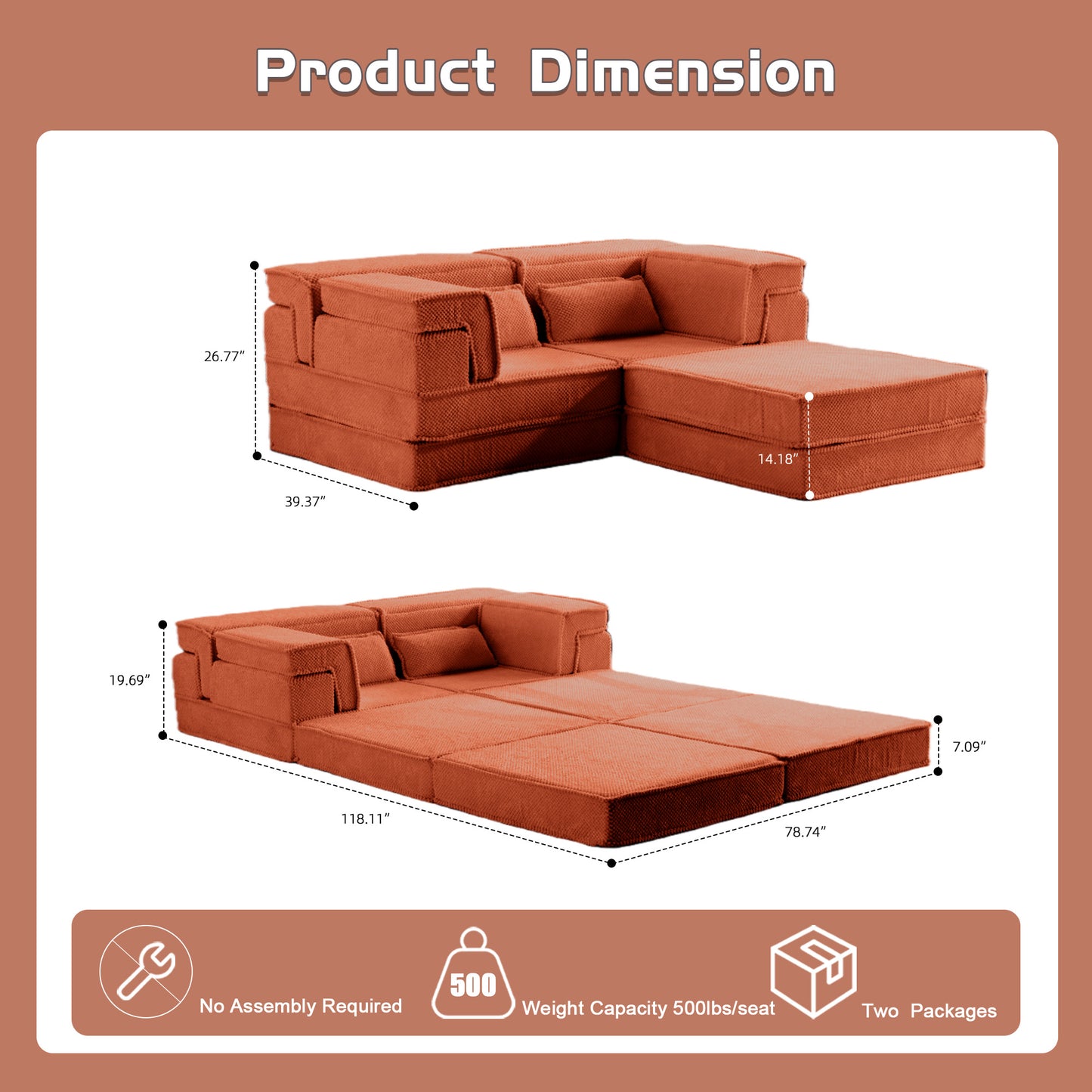 Kompressions-Mahjong-Sofa, umklappbares Boden-Sofabett, DIY knochenloses modulares Sektionssofa, keine Montage erforderlich, Kreisförmiger Fleece-Stoff, überdimensioniertes 2-Sitzer-Sofa mit 1 Hocker, Orange