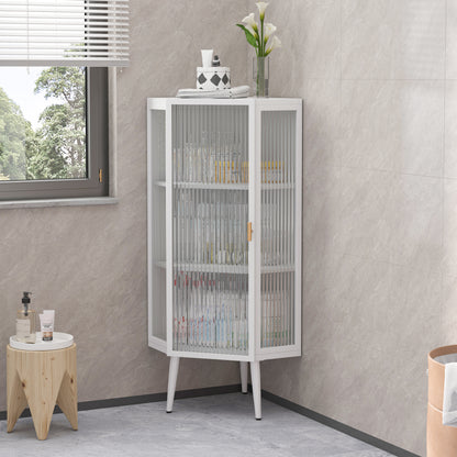 22,25'' Eckschrank für den Boden, drei Ebenen mit gehärteten Glastüren und Stauraumregalen für Badezimmer, Wohnzimmer und Schlafzimmer, weiß