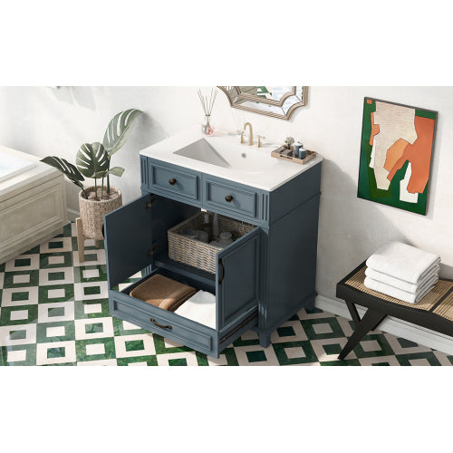30'' Badezimmer-Waschständer mit Keramikwaschbecken, Badezimmer-Aufbewahrungsschrank mit Massivholzrahmen und weich schließenden Türen, Retro-Stil, Blau