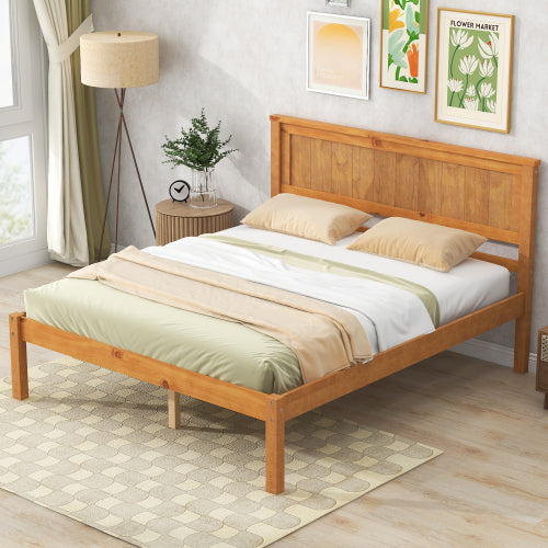 Bettgestell mit Kopfteil, Holzlamellenunterstützung, Kein Lattenrost erforderlich, Doppelbett, Eiche