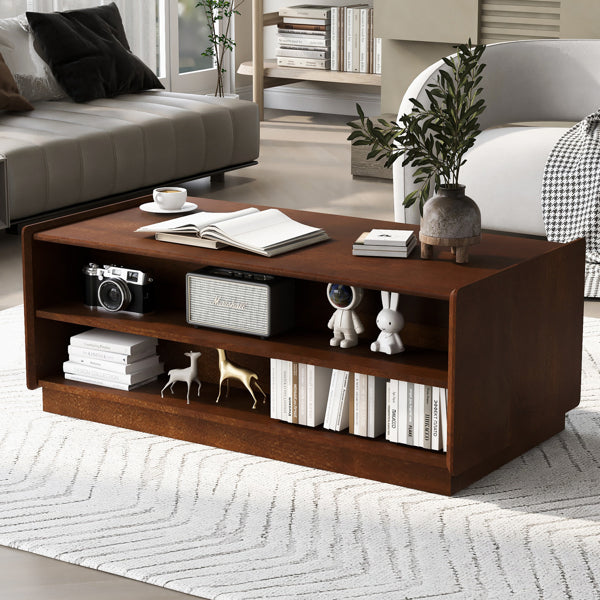 U-Can Moderner Rechteckiger Couchtisch Mit 4 Schubladen Und 2 Vitrinenböden, Holz-Couchtisch Im Rillenstil, Temperglas Für Das Wohnzimmer