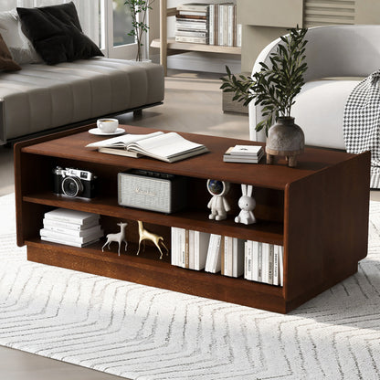U-Can Moderner Rechteckiger Couchtisch Mit 4 Schubladen Und 2 Vitrinenböden, Holz-Couchtisch Im Rillenstil, Temperglas Für Das Wohnzimmer
