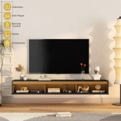 Schwebender TV-Ständer, Wandmontierter TV-Regal mit LED-Lichtern & Stromsteckdose, Hochglänzender TV-Schrank für schwarze TV-Ständer für das Wohnzimmer
