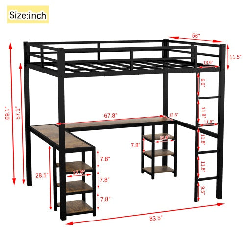 Vollständiges XL Metall-Hochbett mit Schreibtisch und Regalen, Hochbett mit Leiter und Geländern, Hochbett-Rahmen für das Schlafzimmer, Schwarz