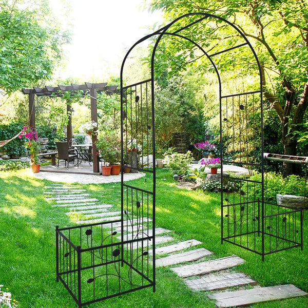 Metall-Gartenbogen mit zwei Pflanzenständern 79,5'' breit x 86,6'' hoch Kletterpflanzenstütze Rosenbogen für draußen schwarz