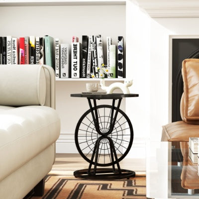 2 Piece Vintage Industrial Wheel Design Side Table, Round Accent Table With Metal Frame, Rustic Coffee Table For Living Room, Bedroom, And Office