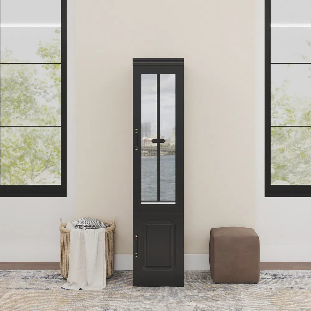 Livelylodge Schlanker Weißer Stauraum-Schrank mit Glastür – Platzsparender Hoher Organisator mit Metallgriffen, Ideal für Kleine Räume oder Schlafzimmernutzung